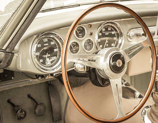 Jüchen, Germany - August 5, 2016: Interior on a Maserati A6G 2000 by Allemano Italian coupe GT car. The A6G 2000 Gran Turismo acommonly known as A6G/54 was offered with different body styles including this Allemano coupe of which only 21 were made. The car is on display during the 2016 Classic Days at castle Dyck.
