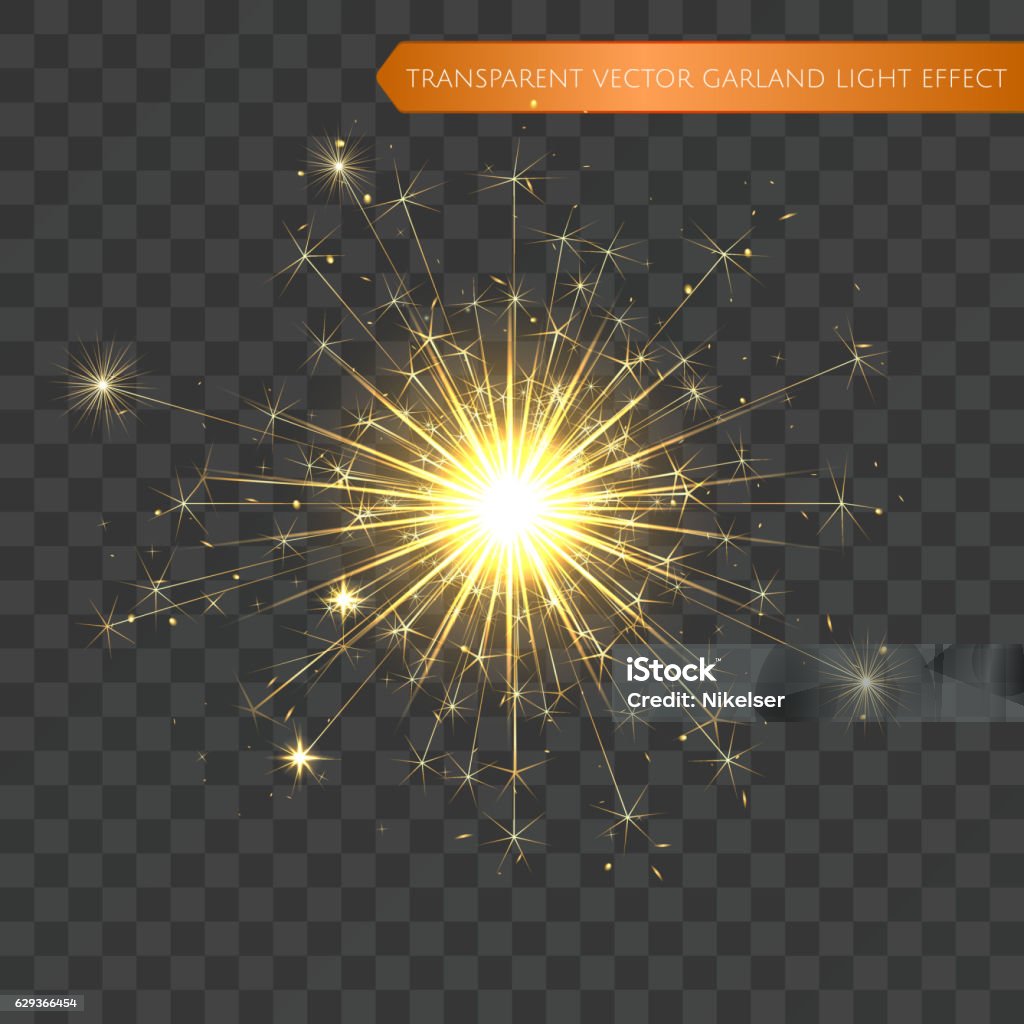 Christmas realistic bengal light effect. Isolated sparkler Christmas realistic bengal light effect. Isolated sparkler light vector design elements. Transparent template of glowing sparkler for Xmas Holiday greeting card design. Happy New Year decoration light Sparkler - Firework stock vector