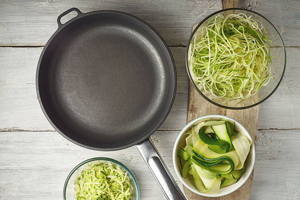 istock Raw zucchini noodles  with pan on the white wooden table 629368038