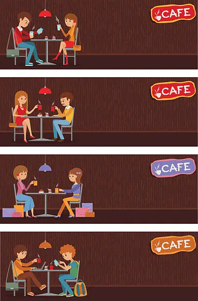 Vector illustration of Couples of people in cafe. Vector Illustration with friends men