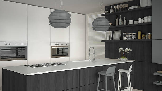 istock Minimalistic white kitchen with wooden and gray details, minimal 629368150