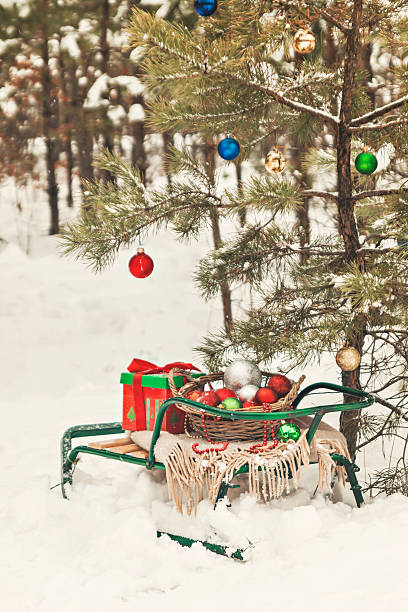 istock decorated Christmas tree in a snowy forest, sledges, blanket and 629369900