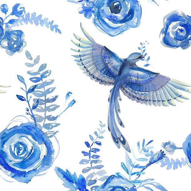 Floral watercolor pattern, texture with flowers and birds. Floral watercolor pattern, texture with flowers and birds. Blue Floral pattern. Nature floral background. Blue flower and bird seamless pattern. Seamless texture. Original hand drawn painting for cloth print. carpet factory stock pictures, royalty-free photos & images