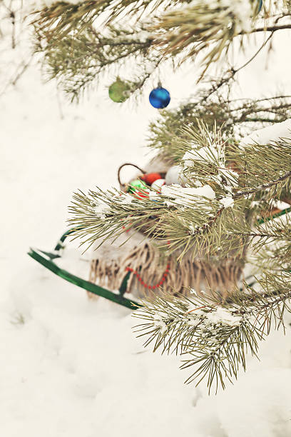 istock decorated Christmas tree in a snowy forest, sledges, blanket and 629376228