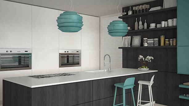 istock Minimalistic white kitchen with wooden and turquoise details, mi 629381616