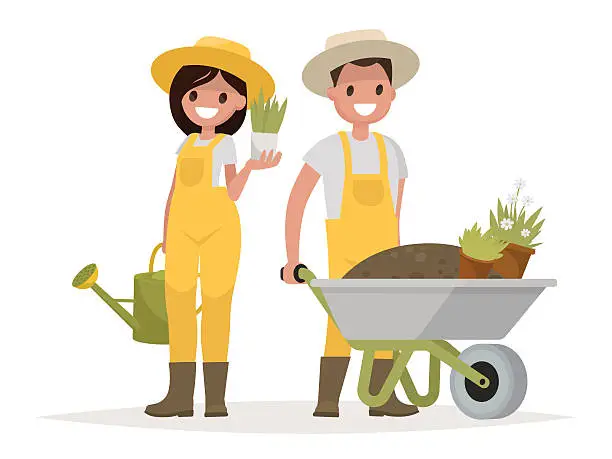 Vector illustration of Couple of gardeners. Man with wheelbarrow of earth, a woman