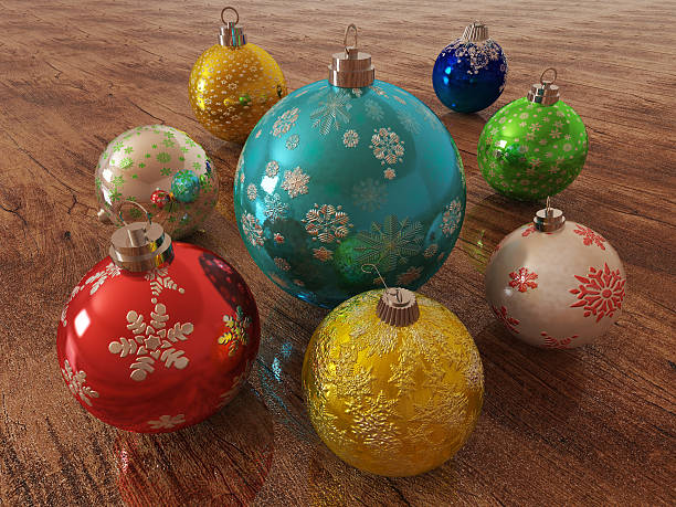 istock 3D render of multicolour holiday decoration baubles on wooden surface 629383568