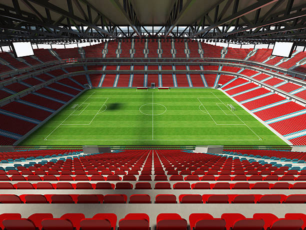istock Large capacity Stadium with an open roof and red seats 629383664