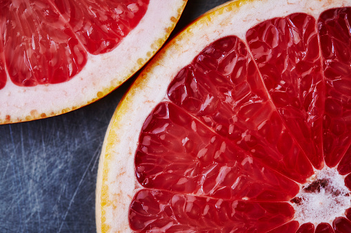 Close-up view of a sliced grapefruit