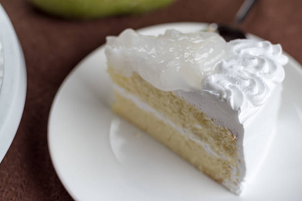 istock yummy fresh coconut topping milk sponge cake 629384064