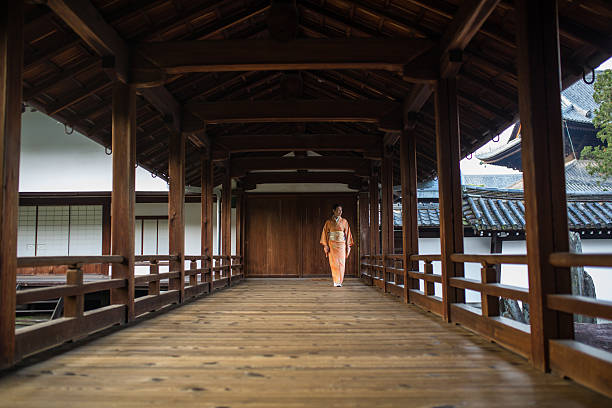 Woman in a kimono walking through a temple corridor