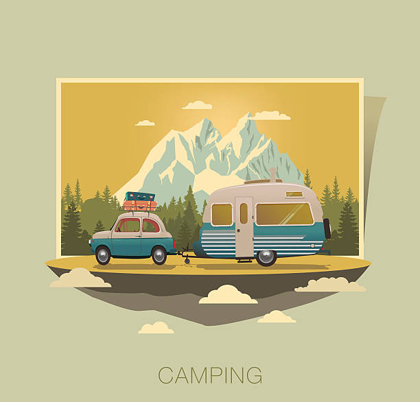 illustrazioni stock, clip art, cartoni animati e icone di tendenza di campeggio roulotte - vehicle trailer illustrations