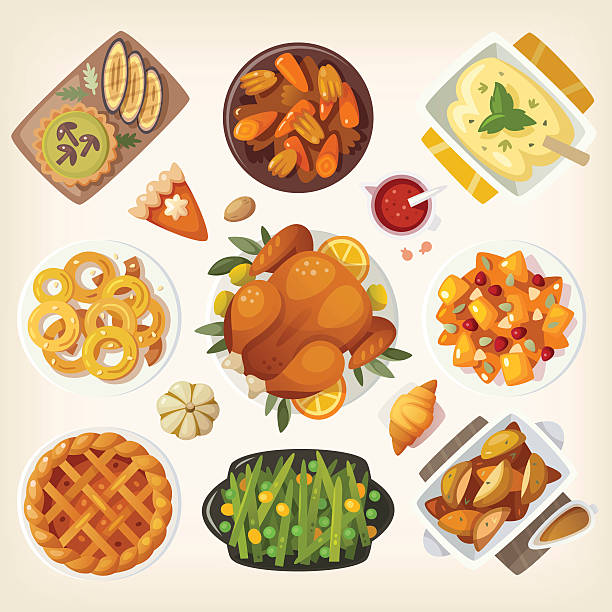 ilustrações de stock, clip art, desenhos animados e ícones de traditional thanksgiving dinner - stuffed
