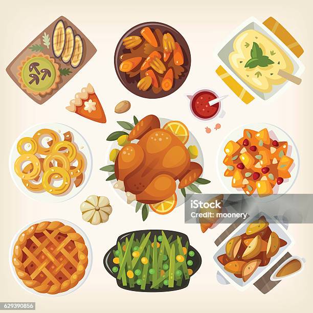 Traditional Thanksgiving Dinner Stock Illustration - Download Image Now - High Angle View, Food, Turkey Meat