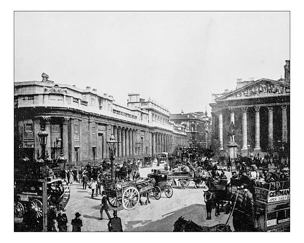 Antique photograph of Bank of England (London,England)-19th century picture Antique photograph of headquarters of the Bank of England in Threadneedle Street (London, England), the historical building depicted in a late 19th century picture london england photos stock illustrations