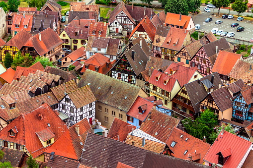 Aerial view of the city of historic Kaysersberg, Alsace, France