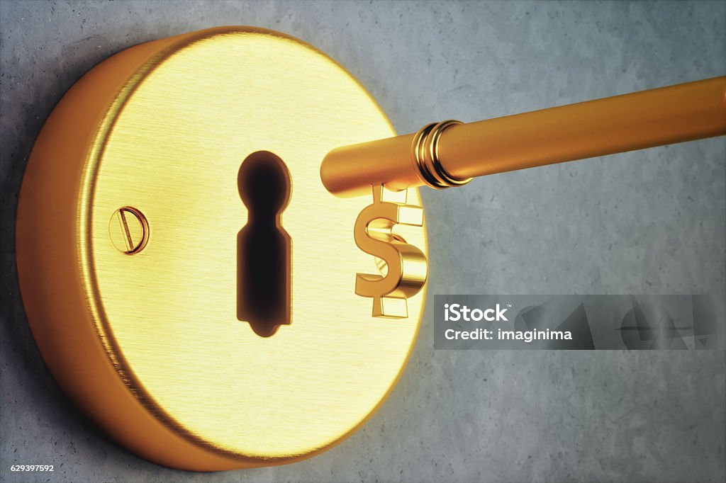 Dollar Shaped Key And Keyhole Dollar shaped golden key and key hole. Key Stock Photo