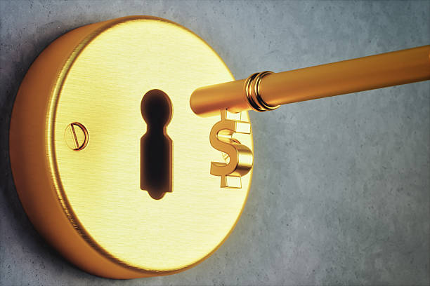 Dollar Shaped Key And Keyhole Dollar shaped golden key and key hole. computer key stock pictures, royalty-free photos & images