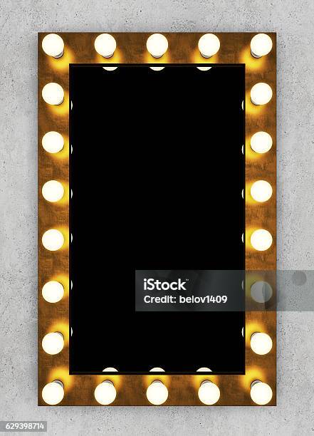 Golden Retro Makeup Mirror On Concrete Wall Stock Photo - Download Image Now - Mirror - Object, Lighting Equipment, Illuminated