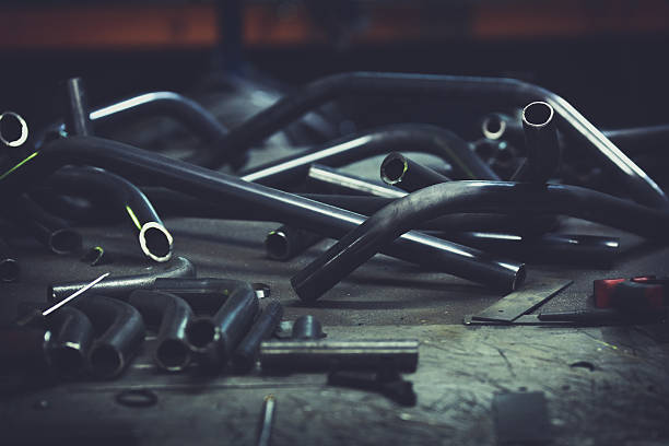 istock Steel pipe and tools in a metalwork manufacture 629403646