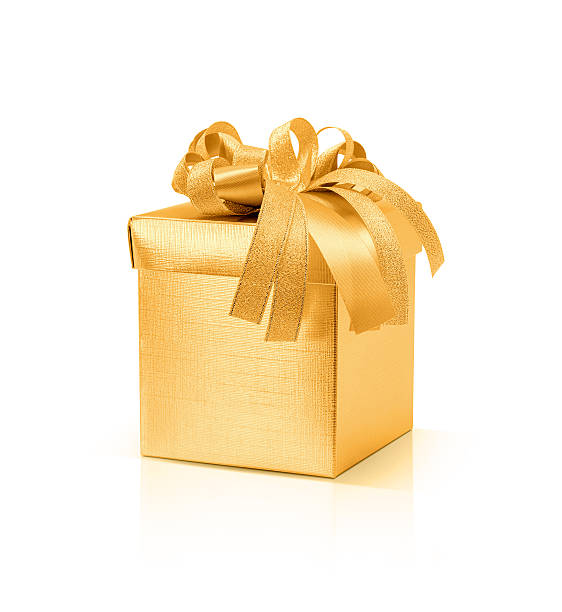istock Celebration golden gift box isolated on white background 629404530