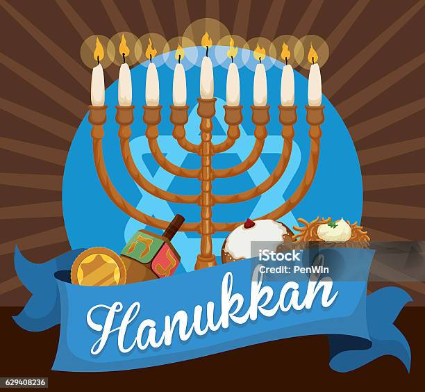 Chanukiah Gelt Dreidel Sufganiyot And Latke To Celebrate Hanukkah Stock Illustration - Download Image Now