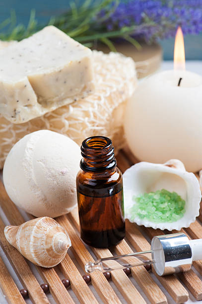 istock Bathroom SPA set with essential oil, salt 629408536