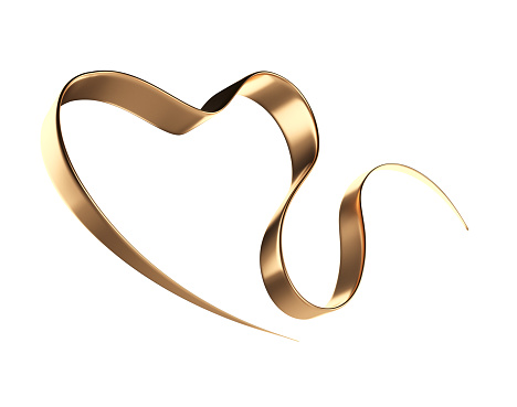 Gold ribbon in a heart shape.  3d illustration isolated on white background.