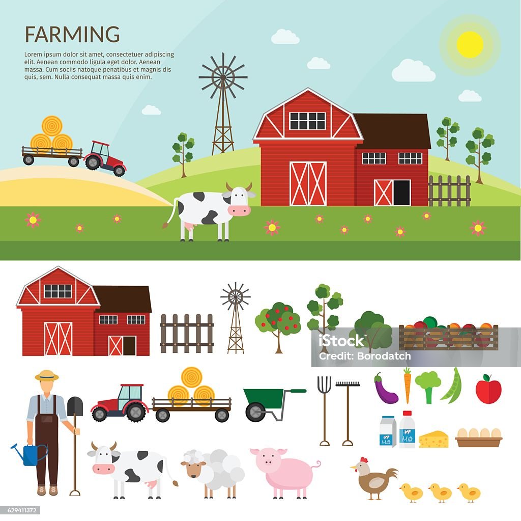 Big set of vector farm elements and animals background. Farm stock vector