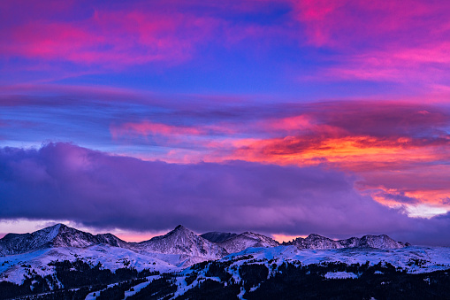 Copper Mountain and Tenmile Range Mountain View Winter Sunset - Scenic views at sunset with colorful vibrant sunset colors.