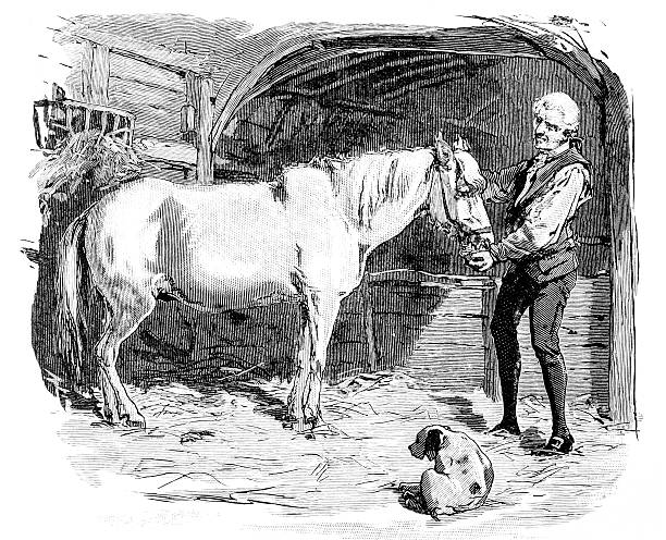 Man with a horse and dog in a stable