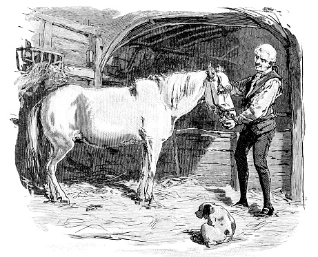 Man with a horse and dog in a stable from an 1886 antique book \