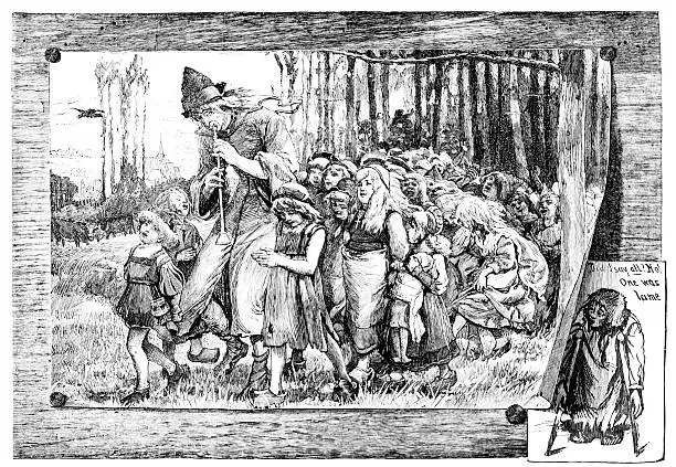Pied Piper of Hamelin leading children away, famous fable, from an 1886 antique book "British Ballads Old and New" by George Barnett Smith.