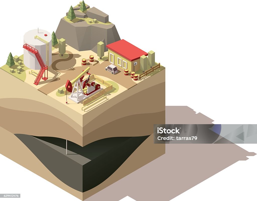 Vector isometric low poly oil pumpjack Vector isometric low poly oil pumpjack extracting oil. Illustration includes pumpjack, oil tank and ground cross section Isometric Projection stock vector