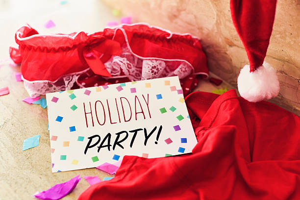 santa kapelusz, czerwona bielizna i tekst holiday party - panties underwear transparent women zdjęcia i obrazy z banku zdjęć