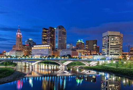 The city of Columbus, Ohio all lit up at dusk. 
