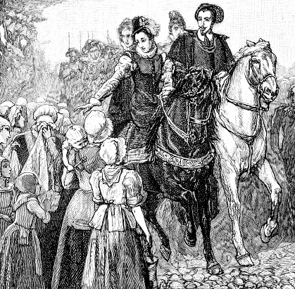 Mary Queen of Scots on Horseback with crowds of people, from an 1886 antique book \