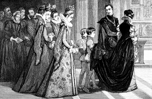 A scene of three Marie's with Mary Queen of Scots, page boys and others, from an 1886 antique book \