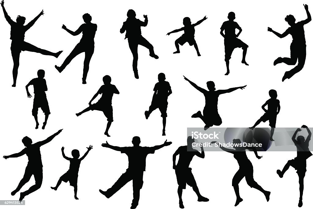 Dancing, jumping childrens and adult people, beach party silhouette set Dancing and jumping childrens and adult people, beach party silhouette set Child stock vector