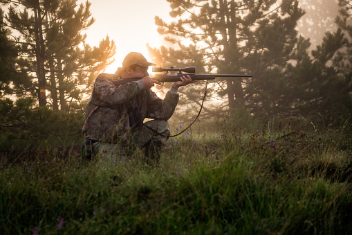 Portrait of hunter aiming with sniper rifle in the forest.