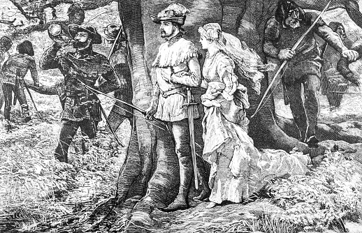 Robin Hood gets Married to Maid Marian in the forest of Sherwood from an 1886 antique book \