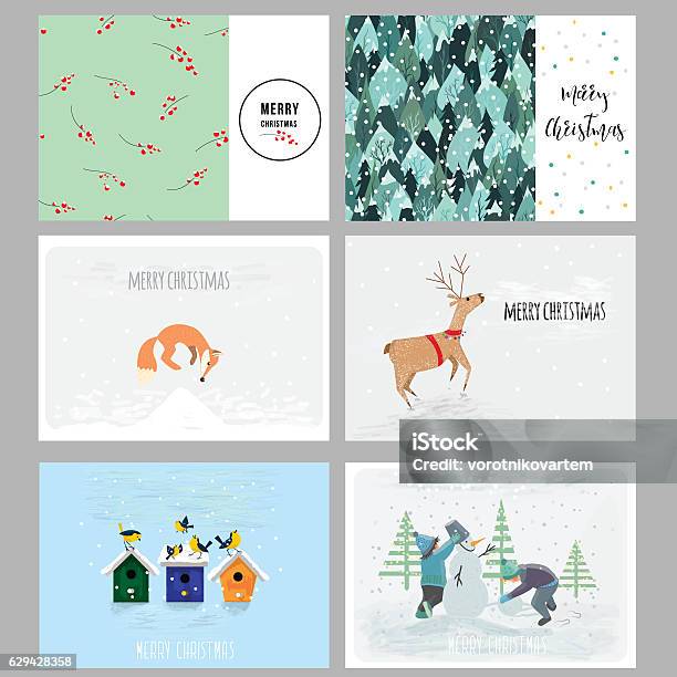 Christmas Cards Hand Drawn Elements Patterns And Cute Characters Vector Stock Illustration - Download Image Now