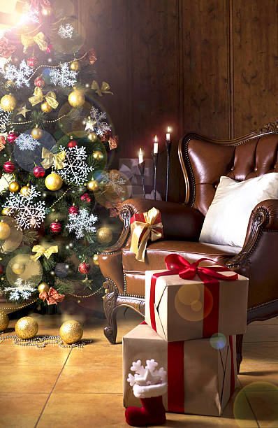 istock Christmas scene with tree gifts 629431074