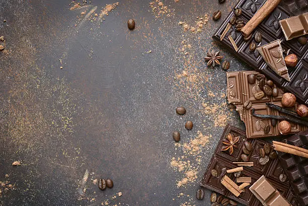 Photo of Variety of chocolate bars with spices.Top view.