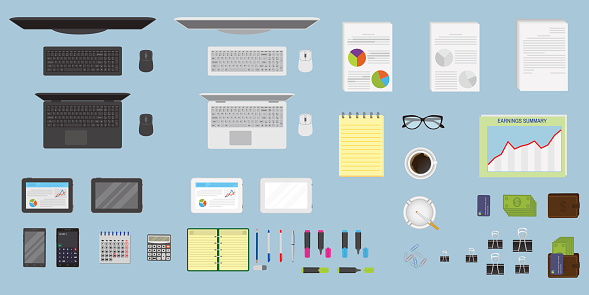 Top view office table workspace organization. Create your own style. EPS10 fully editable. Flat style vector illustration.