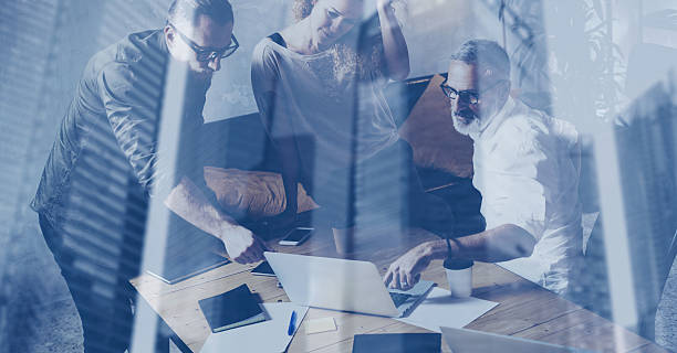 istock Concept of double exposure.Young business team making great discussion 629432184