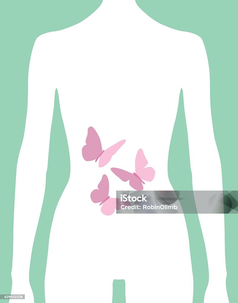 Female Butterflies In Stomach Icon Vector illustration of pink butterflies on a female figure against a teal green background. Abdomen stock vector