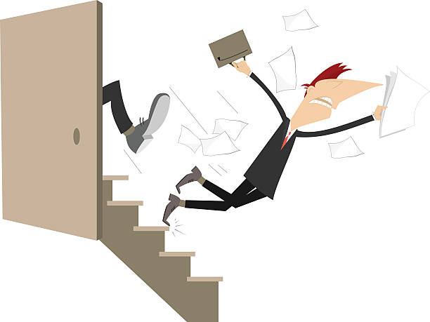 Business punish concept illustration A man is given a kick to the ass and falls down the stairs funny contract stock illustrations