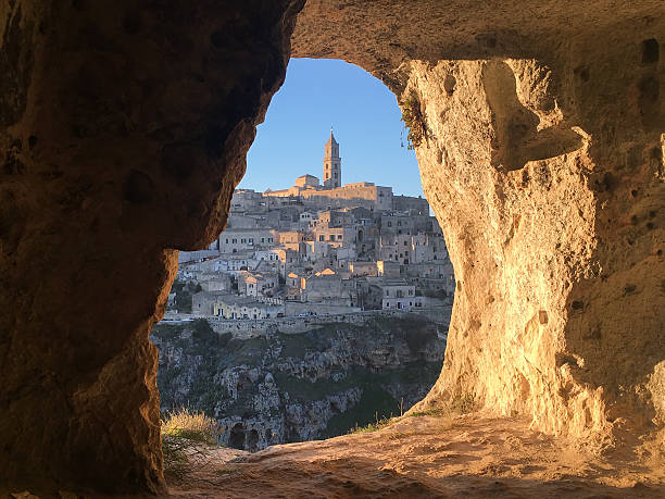 Panoramic view through cave of sassi di Matera Panoramic view through cave of sassi di Matera,basilicata, Italy. UNESCO European Capital of Culture 2019 matera stock pictures, royalty-free photos & images