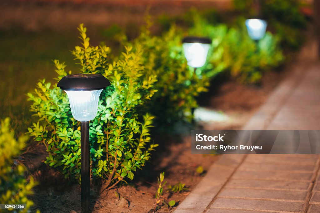 Small Solar Garden Light, Lantern In Flower Bed. Garden Design. Decorative Small Solar Garden Light, Lanterns In Flower Bed In Green Foliage. Garden Design. Solar Powered Lamps In Row Lighting Equipment Stock Photo